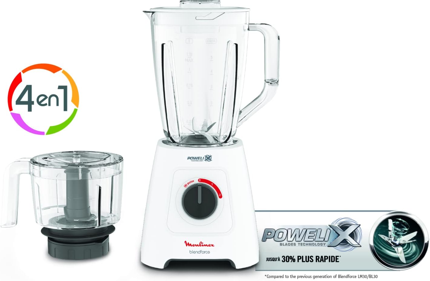 MOULINEX Blender | BlendForce XXL Jar 2.8 L Blender Smoothie Maker | Mixer | 600 W | 2 Attachments | 2.8L XXL Plastic Jar| 6 Powelix Blades | Ice Crush | 2 Speeds | 2 Years Warranty | LM458127