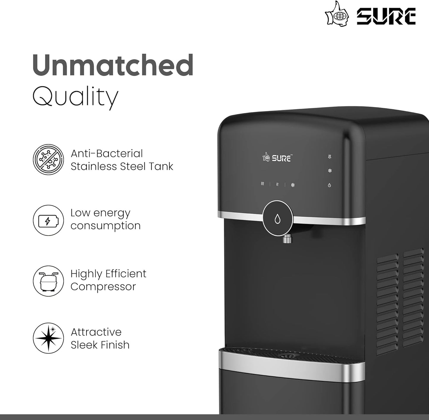 Sure Water Dispenser Bottom Loading,Hot Cold&Normal Temperature,Floor Standing,Best For Home Kitchen&Office,Touch Control/Automatic,Single Tap/Faucet,Black Colour,Sbl70 Min 1year manufacturer warranty