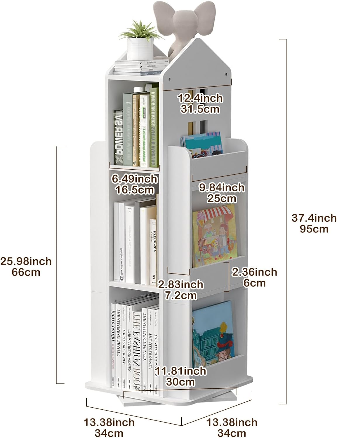 yeshine 4-Tier Rotating Bookshelf, 360° Rotating Bookcase with Castors Corner Display Storage Shelf Floor Standing Book Shelves for Bedroom Living Room Study Office