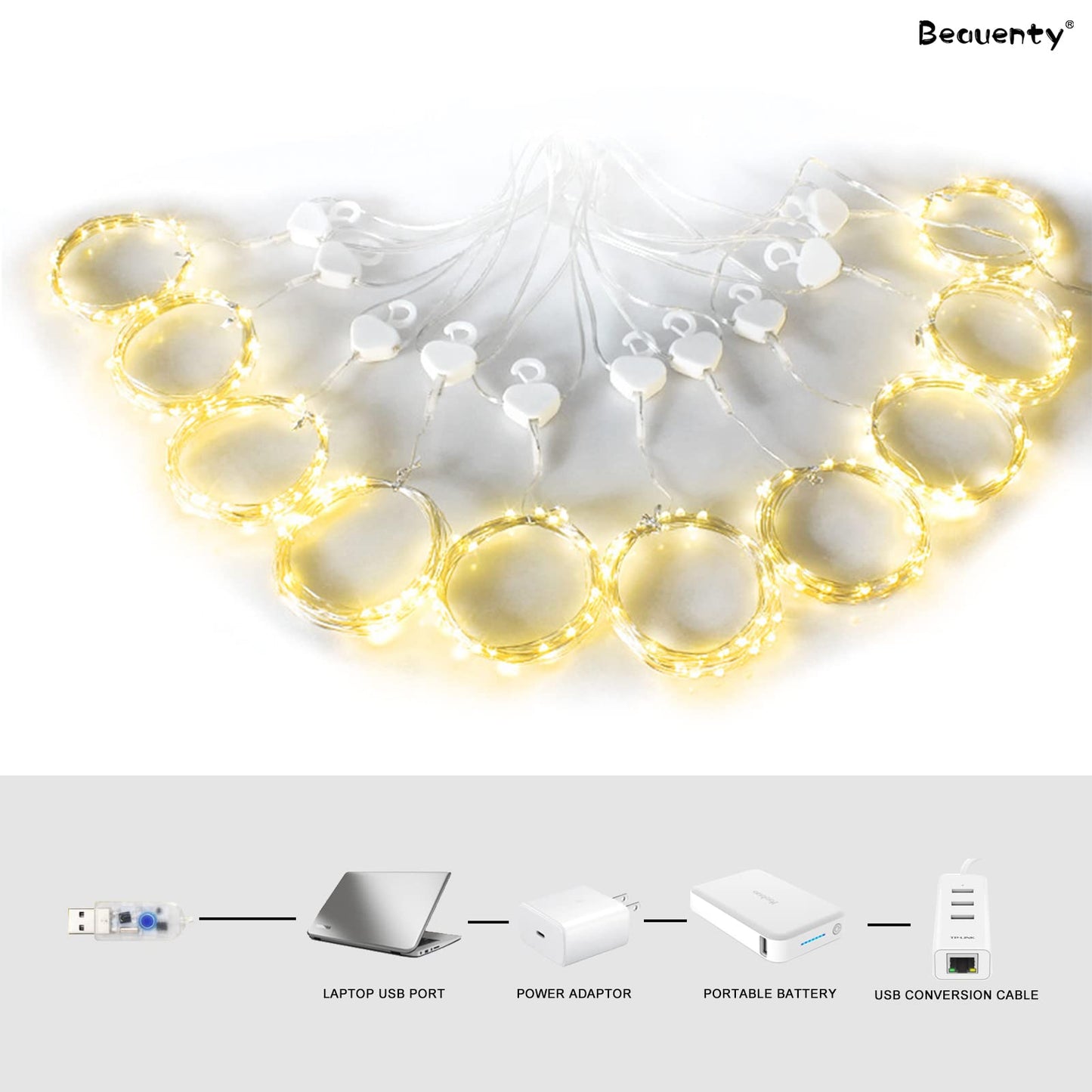 Beauenty Window Curtain String Light 300 LED 8 Modes USB Powered Waterproof Fairy String Lights Wedding Party Ramadan Home Garden Bedroom Outdoor Indoor Wall Christmas Decorations (Warm White)