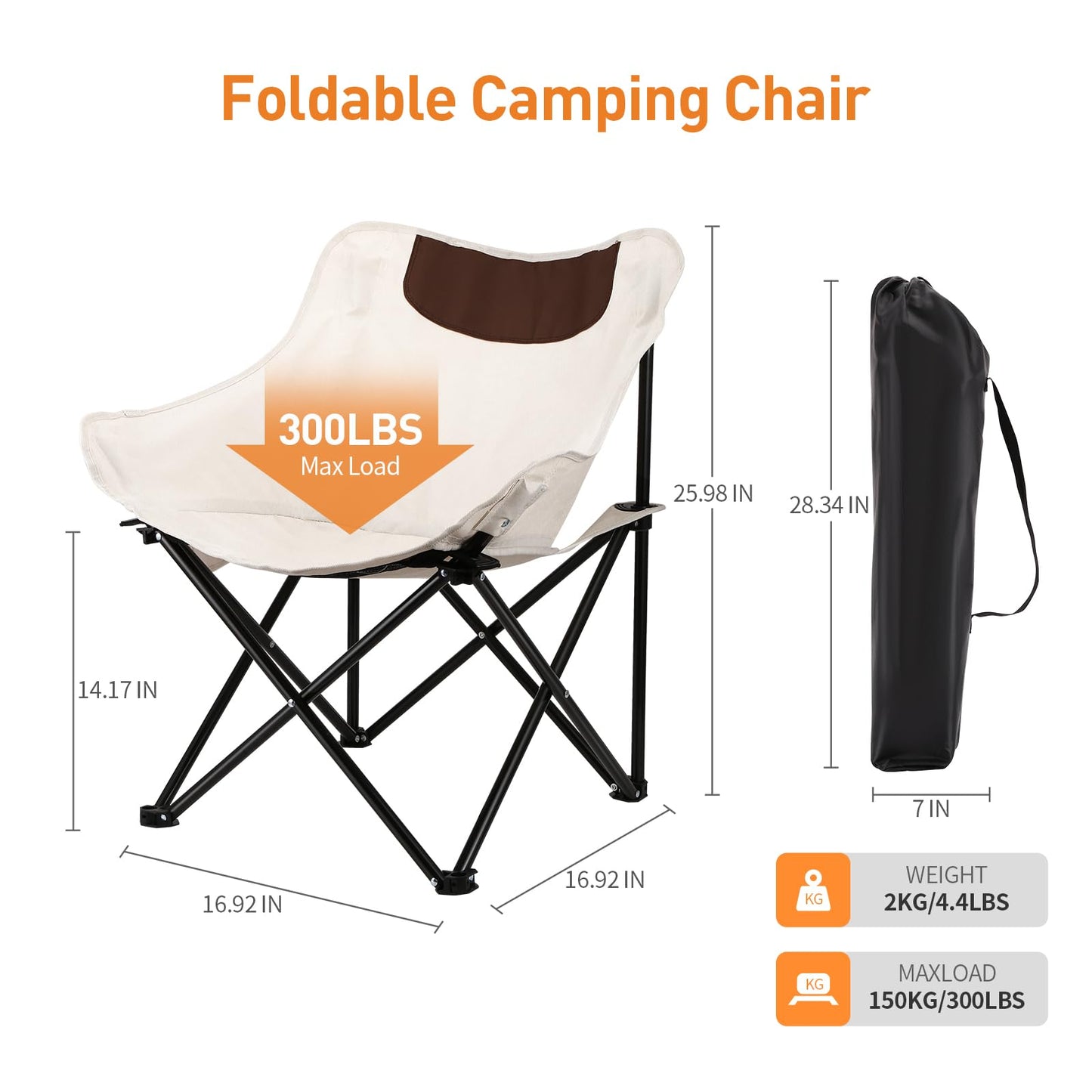 Rollingsurfer Folding Moon Chair, Portable Lightweight Camping Chair with Side Pocket, Foldable Backpacking Chair Ultra Durable for Outdoor Hiking Beach Travel with Carrying Bag, Supports up to 300LBS