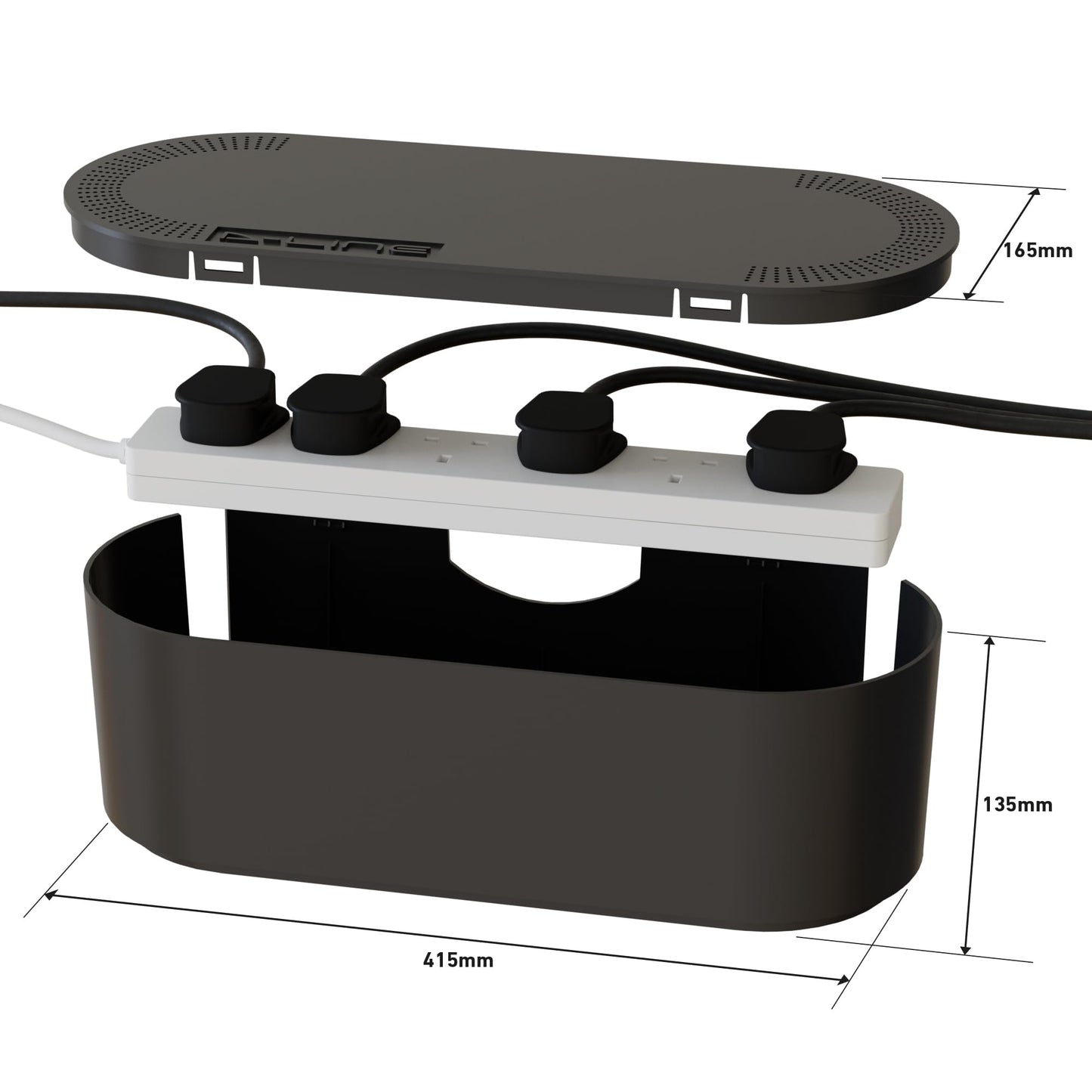 D-Line Cable Tidy Box, Hide and Conceal Extension Blocks and Electrical Cables, Fully Safety d Cable Management Solution, Made from Robust Electrically-Safe ABS Material - Small, Black