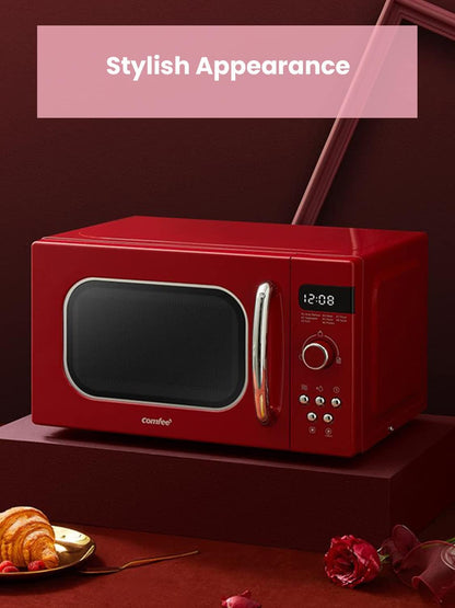 COMFEE' Microwave Oven 20L 800W Retro Vintage Microwave Oven with 8 Automatic Menus, 5 Power Levels, Elegant Design, Easy to Use, Compact Size-Retro Apricot