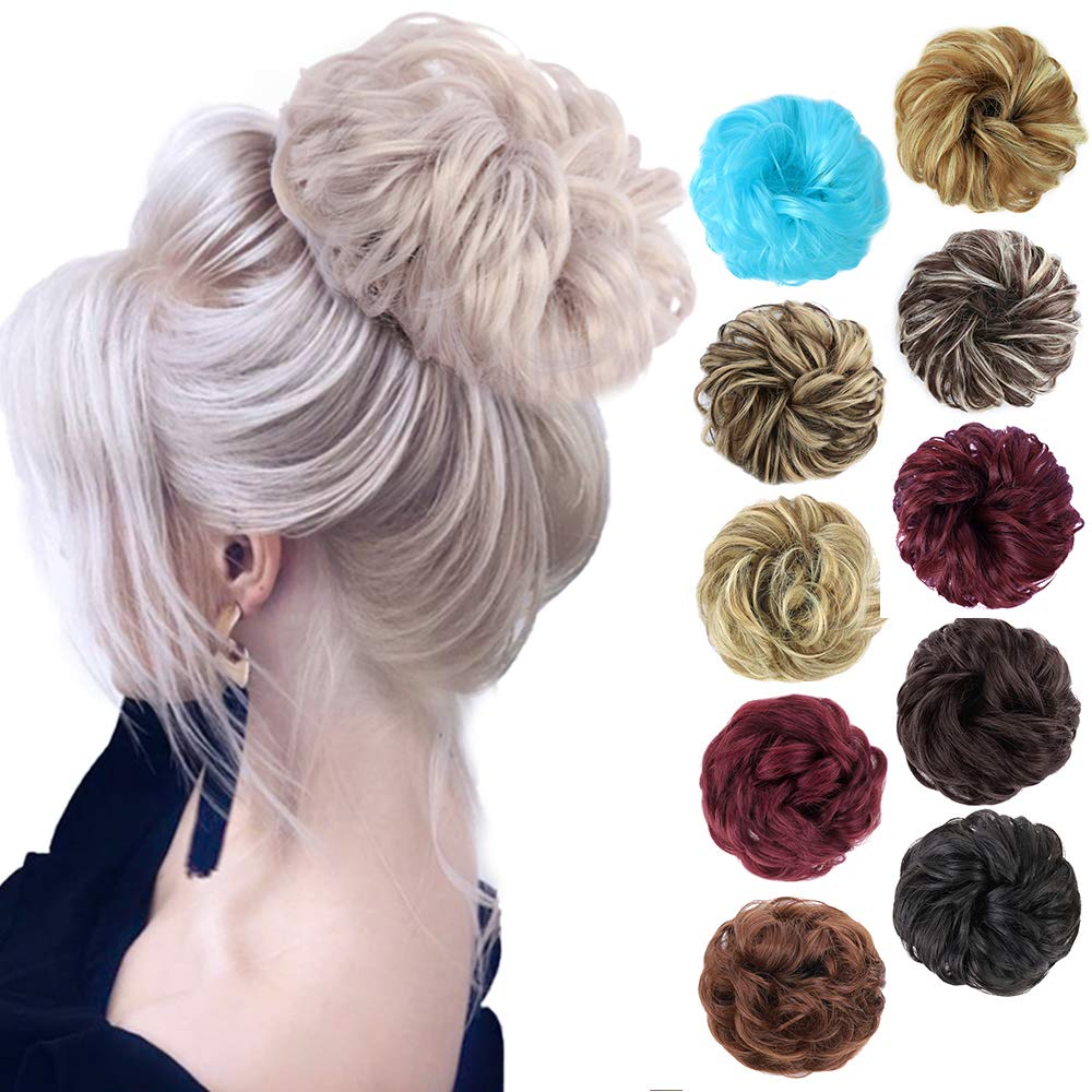 MORICA 1PCS Messy Hair Bun Hair Scrunchies Extension Curly Wavy Messy Synthetic Chignon for Women (12AH613(Light Golden Brown & Lightest Blonde))