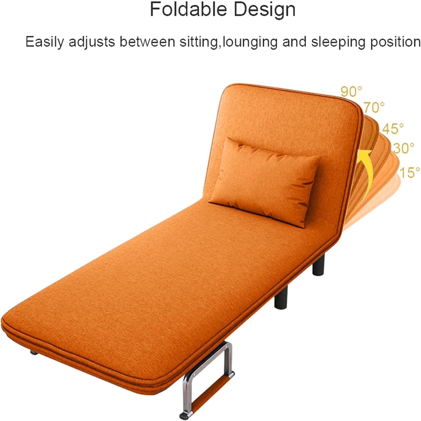 Convertible Chair Bed, Tri-Fold Sofa Bed with Adjustable Backrest & Pillow, Leisure Chaise Lounge Couch with Sturdy Steel Frame for Home & Office, Comfortable Sleeper Chair (65 * 190cm) (Orange)