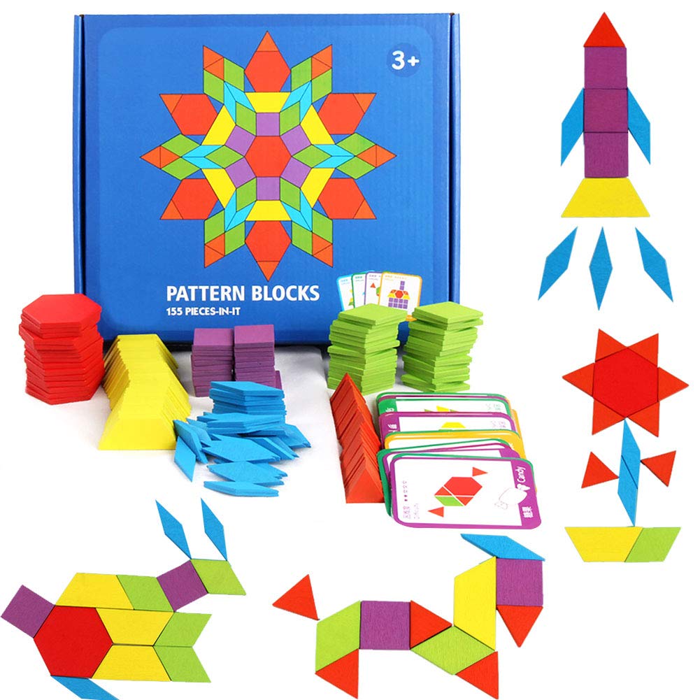 GEMEM Kid's Wooden Pattern Geometric Shape Puzzle Educational Tangram Toys- 155 Pieces (Ages 4-8 with 24 Pieces Design Cards)