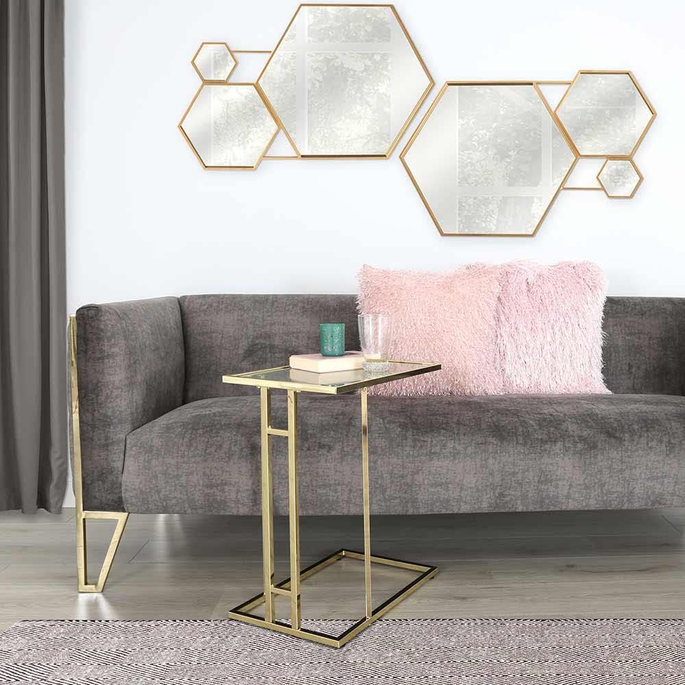 C Shaped Side Table for Living Room Furniture, 55cm Gold End Table with Metal Frame & Tempered Glass Tabletop, Modern Design Sofa Table for Laptop