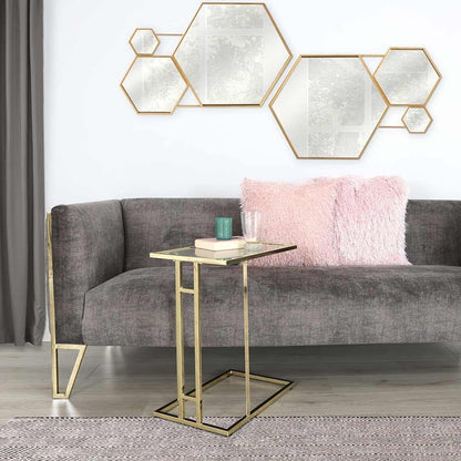 C Shaped Side Table for Living Room Furniture, 55cm Gold End Table with Metal Frame & Tempered Glass Tabletop, Modern Design Sofa Table for Laptop