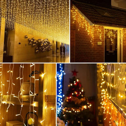 AUTOYSUR 16.4ft 256 LEDs Solar Icicle String Lights 8 Modes Waterproof Icicle Christmas Lights Outdoor Curtain Fairy Lights, Window Bedroom Wedding LED Waterfall Decorations Lights