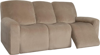 Easy-Going Velvet Reclining Loveseat with Middle Console Slipcover, Stretch 8-Piece Loveseat Reclining Sofa Covers, 2 Seat Loveseat Recliner Slipcover, Thick, Soft, Washable, Gray