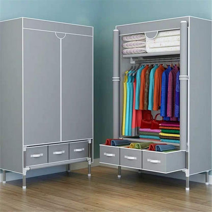 Gluckluz Fabric Wardrobe Clothes Storage Closet with Three Drawer Zipper Foldable Non-Woven Cover Hanging Rod Freestanding Canvas Garment Organizer Rack for Bedroom Home