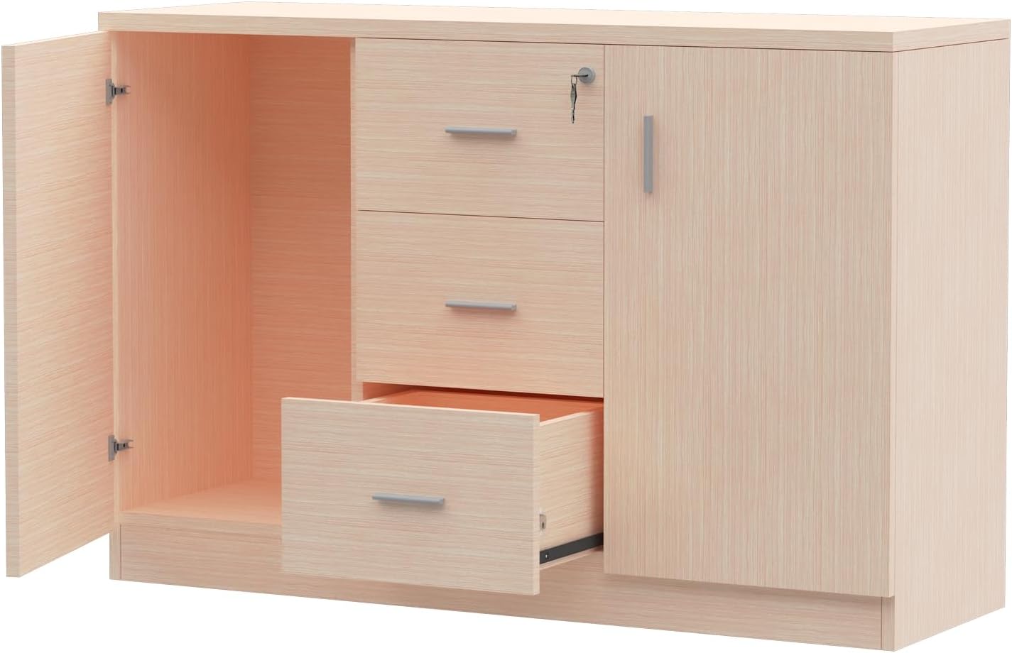 Mahmayi Melamine On MDF 1147 Apple Cherry 3 Drawer File Credenza Cabinet, Wood Organizer Storage Shelves with Lock and Keys, Home Office Furniture Files Cabinet with Shelves and Drawers