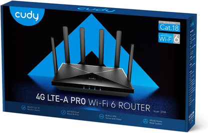 Cudy New 4G LTE Cat 18 WiFi 6 Router, Up to 1.2Gbps 4G LTE Modem, Qualcomm Chipset, 4 x 4 MIMO, AX1800, OpenVPN, Wireguard, Zerotier, Cloudflare, IPv6, Detachable Antennas, Dual SIM, LT18