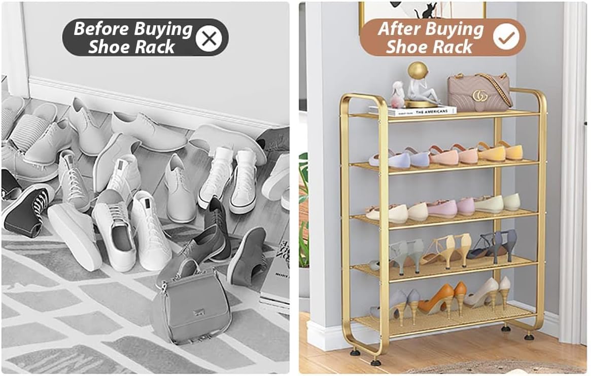 Golden Shoe Rack, Metal Shoes Stand, Shoe Cabinet, Free Standing Rake, Entryway Shoe Organizer Shelf, Multi-Function Storage Organizer, Boots Storage Shelf for Home, House, Office Furniture (Gold)