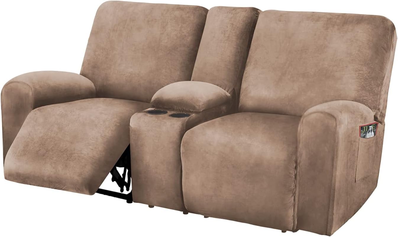 ULTICOR Reclining Loveseat with Middle Console Slipcover, 8-Piece Velvet Stretch Loveseat Reclining Sofa Covers, 2 seat Loveseat Recliner Cover, Thick, Soft, Washable, Loveseat Slipcovers (Dark Grey)