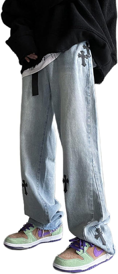 FantasyGears Y2k Jeans Men Grunge Hip Hop Baggy Pants Straight Leg Graphic Denim Joggers Loose Goth Trousers Streetwear