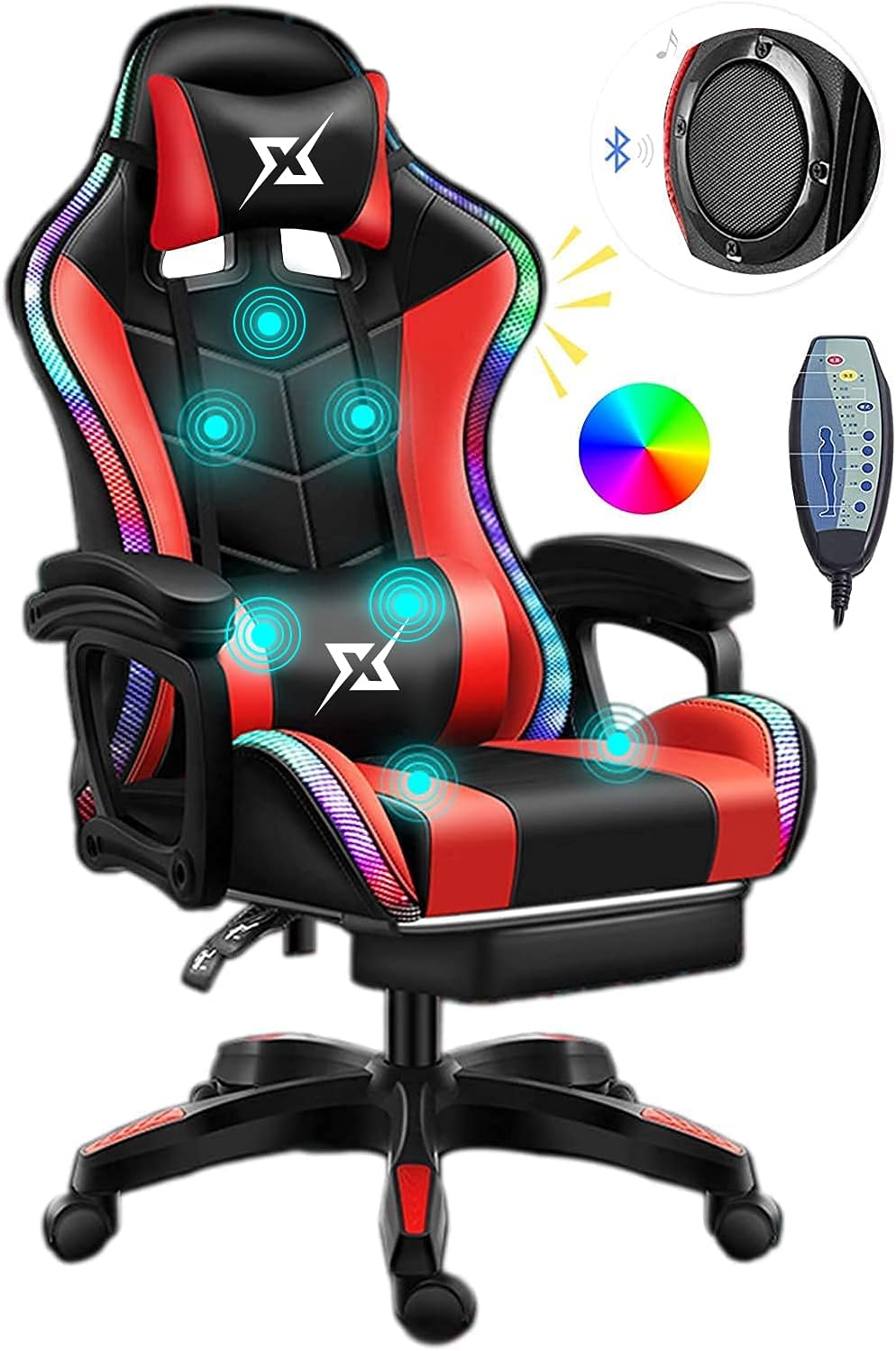 COOLBABY Gaming Chair LED Light Racing Chair,Ergonomic Office Massage Chair,Lumbar Support and Adjustable Back Bench,Bluetooth Speaker…