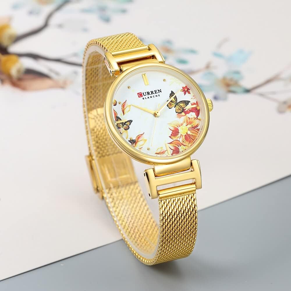 Ladies Analog Watch Gold Stainless Steel Case Floral Design Dial Gold Stainless Steel Bracelet, Gold, bracelet