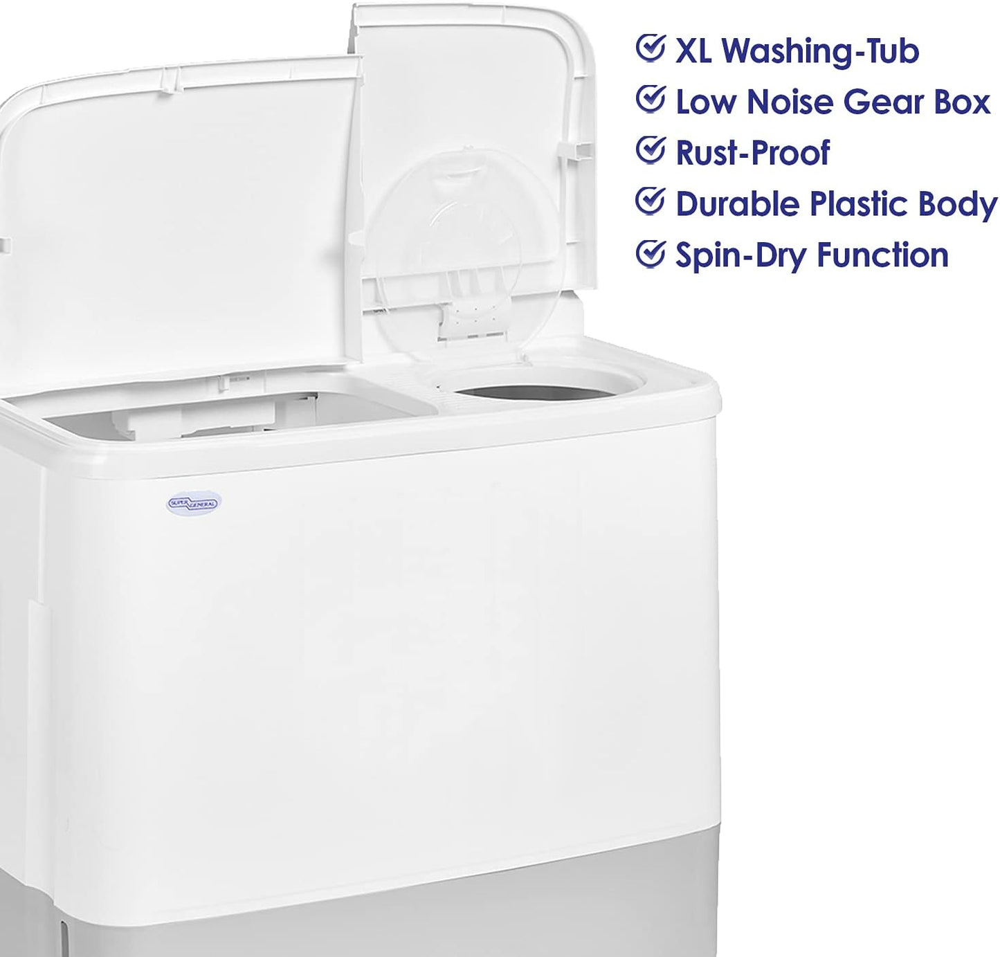 Super General 10 kg Twin-tub Semi-Automatic Washing Machine, White, efficient Top-Load Washer with Low noise gear box, Spin-Dry, SGW-1056-N, 84 x 49 x 92 cm, 1 Year Warranty