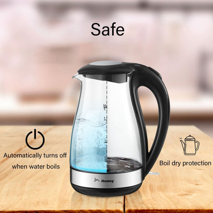 Homey Electric Glass Kettle 1.7L Capacity, 1850-2200W, Auto Shut-Off, Boil Dry Protection,Water Heater Kettle