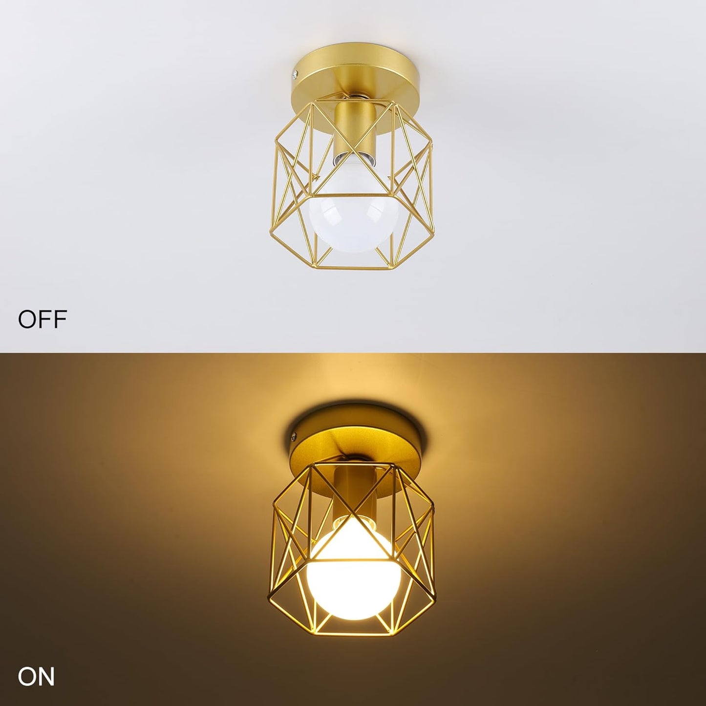 Qcyuui Gold Retro Metal Cage Industrial Vintage Ceiling Lights, Semi-Flush Mount Ceiling Lighting Fixture for Hallway, Dining Room, Bedroom, Balcony, Kitchen, Farmhouse Indoor Lighting, 2 Pack