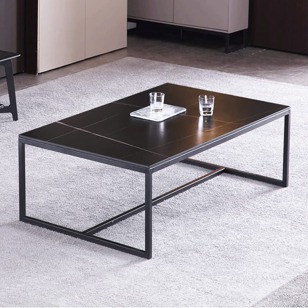 Marble Top Coffee Tables Rectangle: Sintered Stone Large Black Coffee Table Marbles Effect Tabletop with Sturdy Metal Legs Modern Sofa Center Table for Living Room Furniture Decor 100x60x42 CM