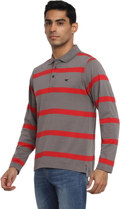 Deniklo Men's Polo Collar Full Sleeves Striped T-Shirt with Embroidery DK 240