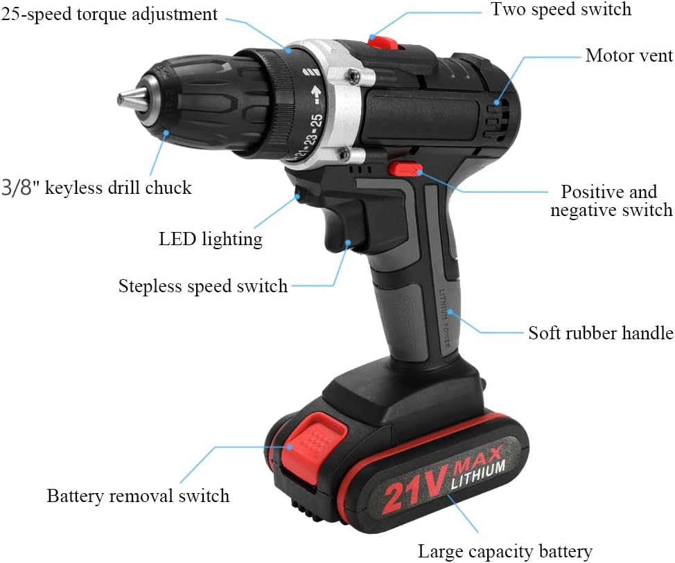 21V Multifunctional Electric Impact Cordless Drill High-power Lithium Battery Wireless Rechargeable Hand Drills Home DIY Electric Power Tools