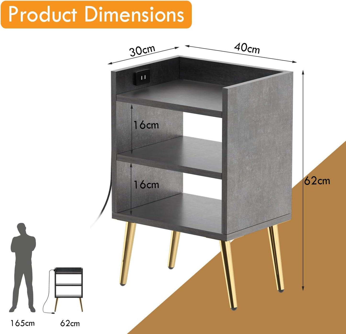 Mahmayi Modern Night Stand Table, Side Table With 3 Open Storage Shelves, Side Table For Living Room, Bedroom - Black