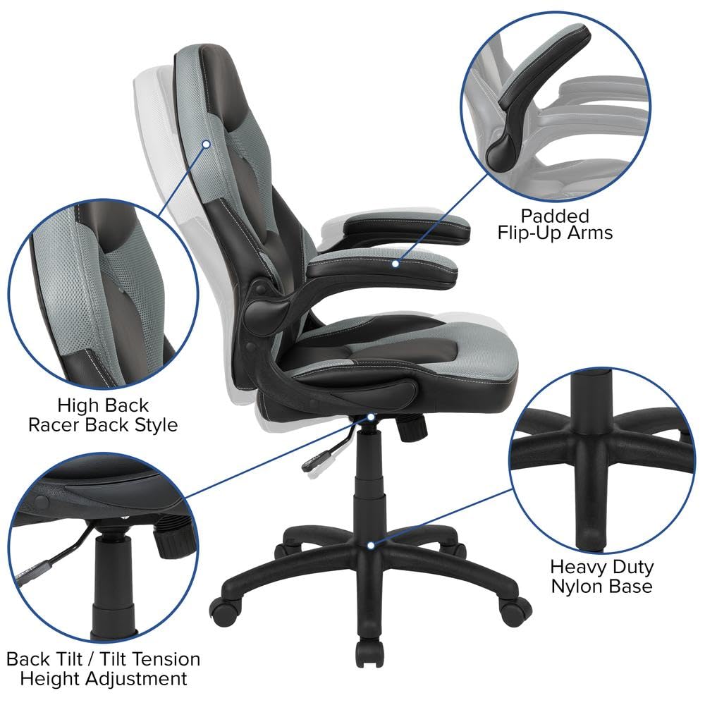 Flash Furniture X10 Gaming, Racing Office Ergonomic Computer PC Adjustable Swivel Chair with Flip-up Arms, Gray/Black LeatherSoft