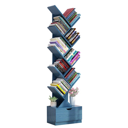 Beauenty Desktop Tree Bookshelf Display Storage Shelf 10 Tier, Wood Storage Rack Tree Bookcase With Drawer For Home School Book Magazine Office Study Table Bedroom (Style 2)