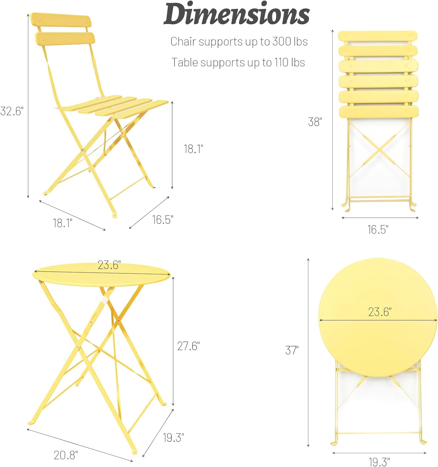 Breezluxe Patio Bistro Set Outdoor Furniture Set Folding Bistro Table and Chairs Conversation Sets for Bistro Balcony Porch Yard Garden(Yellow with Cushion)