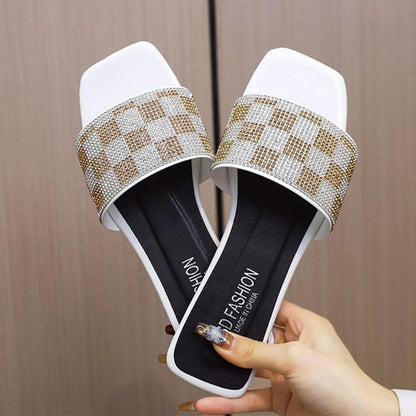 Women's Flat Heels Slippers Concise Checkered Luxury Design Rhinestone Slides Flip Flops Slippers Casual Beach Sandals Shoes For Ladies