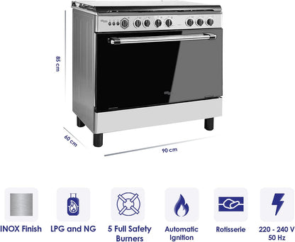 Super General Oven With 5 Gas Cooker, Silver Sgc 901 Fs