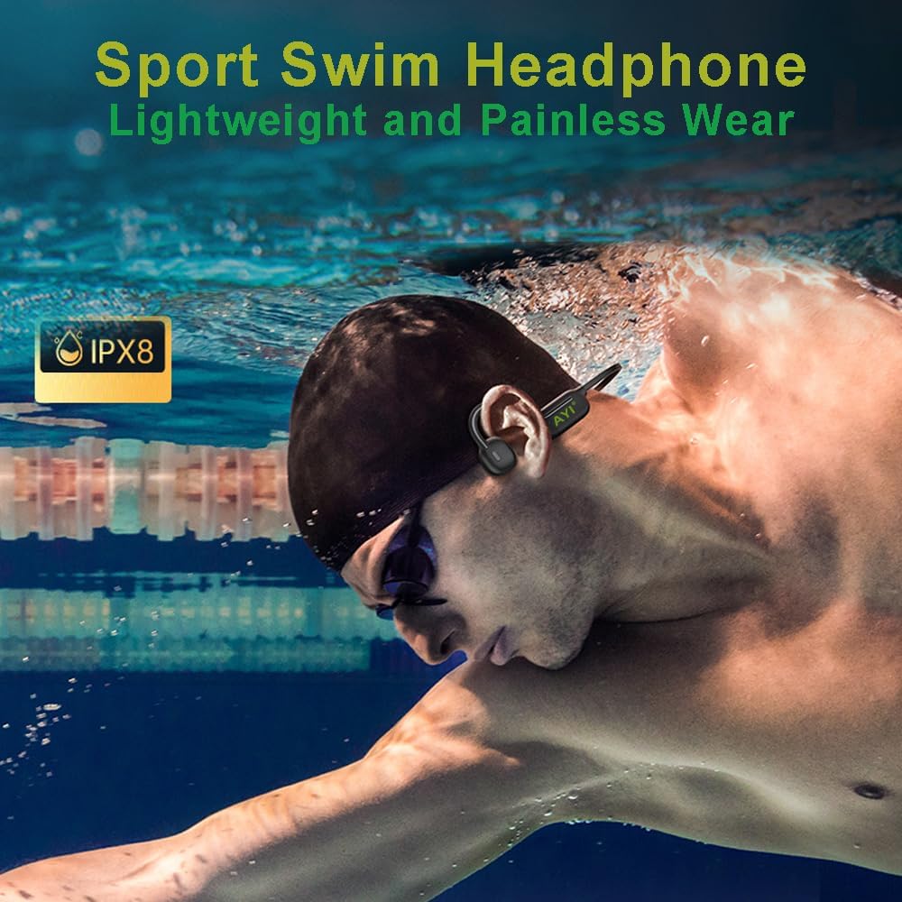 AYI Swim Headphones True Bone Conduction Open Ear Headset MP3 Player Built-in 32G Memory IP68 Underwater Waterproof Bluetooth Earphone for Driving Bicycling Running Skiing-Black