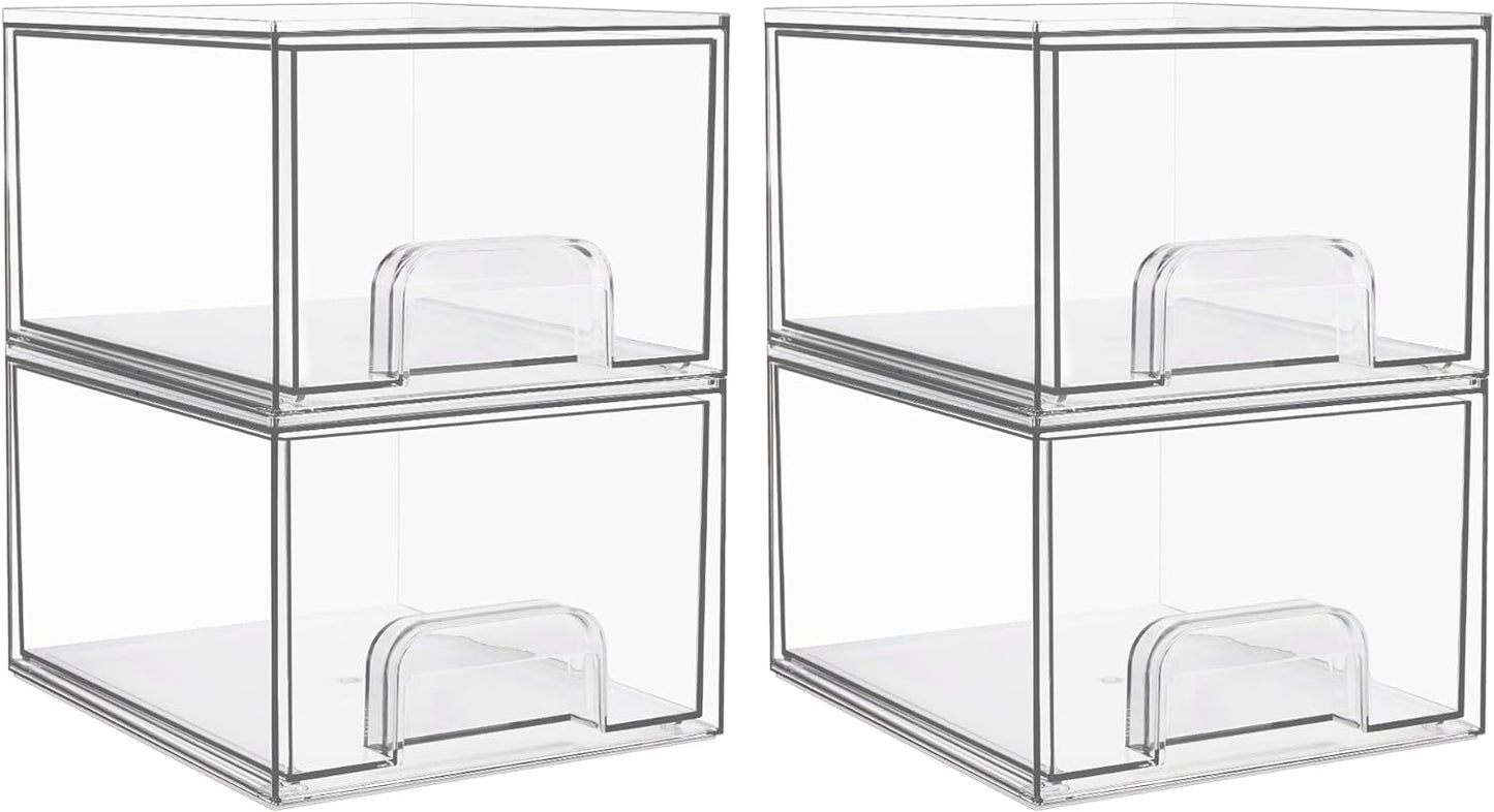 Vtopmart 4 Pack Clear Stackable Storage Drawers, 4.4'' Tall Acrylic Bathroom Makeup Organizer,Plastic Storage Bins For Vanity, Undersink, Kitchen Cabinets, Pantry, Home Organization and Storage