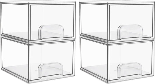 Vtopmart 4 Pack Clear Stackable Storage Drawers, 4.4'' Tall Acrylic Bathroom Makeup Organizer,Plastic Storage Bins For Vanity, Undersink, Kitchen Cabinets, Pantry, Home Organization and Storage