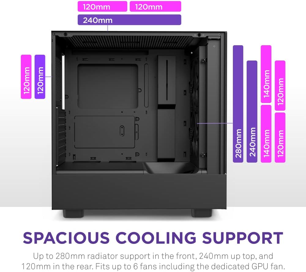 NZXT H5 Flow Compact ATX Mid-Tower PC Gaming Case – High Airflow Perforated Front Panel – Tempered Glass Side Panel – Cable Management – 2 x 120mm Fans Included – 280mm Radiator Support – White