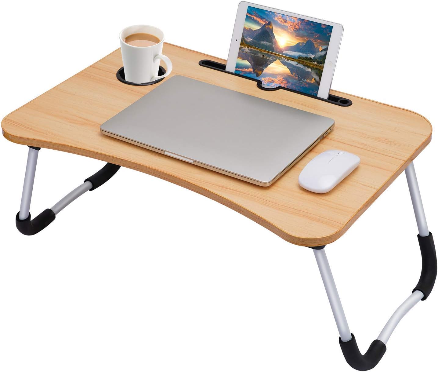 SKY-TOUCH Portable Folding Laptop Desk for Bed，With iPad and Cup Holder Adjustable Lap Tray Notebook Stand， Foldable Non-Slip Legs Reading Table Tray for working，studying，camping 60x40x28cm Black