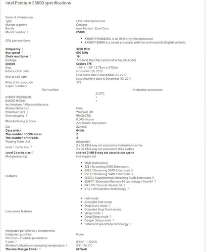 Intel Pentium E5800 3.2 GHz Dual-Core CPU Processor 2M 65W LGA 775 NO FAN