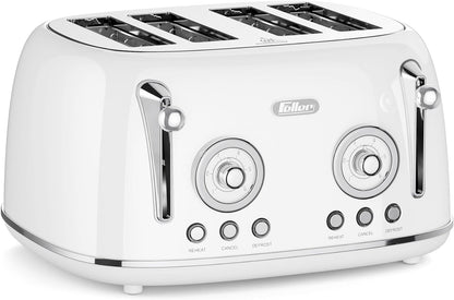 Feller Germany, Retro Style 4-Slice Toaster, 1630 W, Steel Body, 2 Dust Covers & 2 Bun Warmers, Defrost, Reheat, & Cancel Function, 4 Extra wide Bread Slots, Removable Crumb Tray, TO490 (Glossy Black)