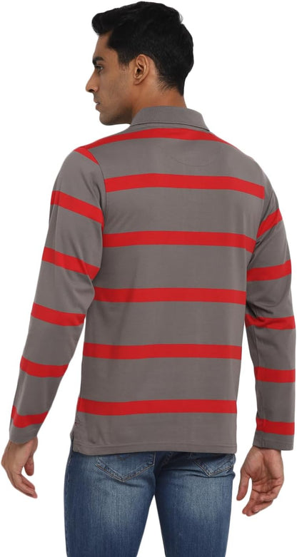 Deniklo Men's Polo Collar Full Sleeves Striped T-Shirt with Embroidery DK 240