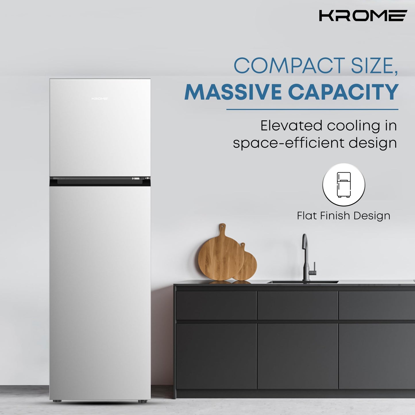 KROME 365L Gross Top Mount Double Door Refrigerator, Automatic Defrost Freezer, Rapid Freezing, A+ Energy, Ample Size with Maximum Capacity, Silver, 10 Year Compressor Warranty-KR-REF 365TS