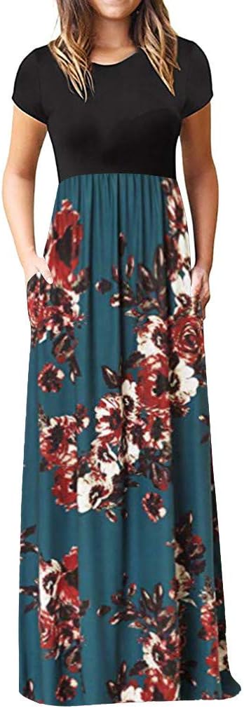 Women's Casual Sleeve O-neck Print Maxi Tank Long Dress - M