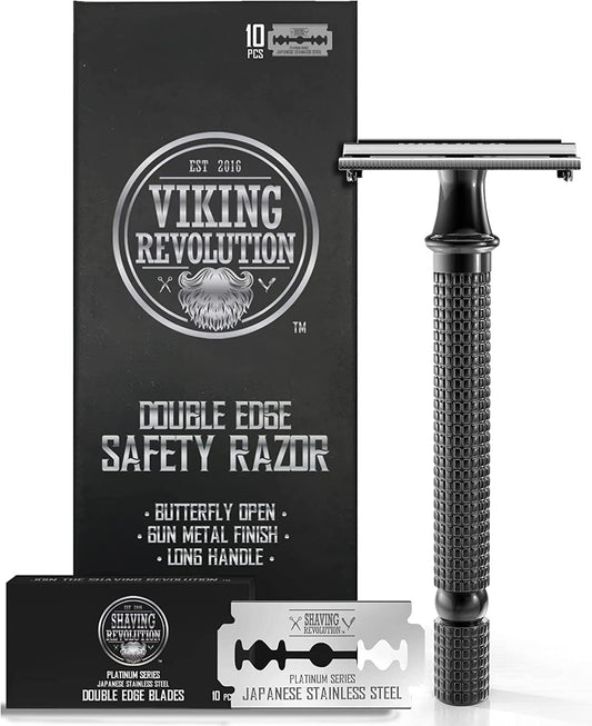 SHAVING REVOLUTION Double Edge Safety Razor Men + 10 Blades - Butterfly Open Razor with 10 Japanese Stainless Steel Double Edge Safety Razor Blades - Close, Clean Shaving Razor for Men - Mens Razor