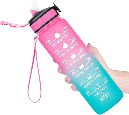 SKY-TOUCH 1L Sports Water Bottle : Motivational Water Bottle with Time Marker and Straw Leakproof Water Bottles for Fitness Gym and Outdoor Sports (Blue&Pink, 1pcs)