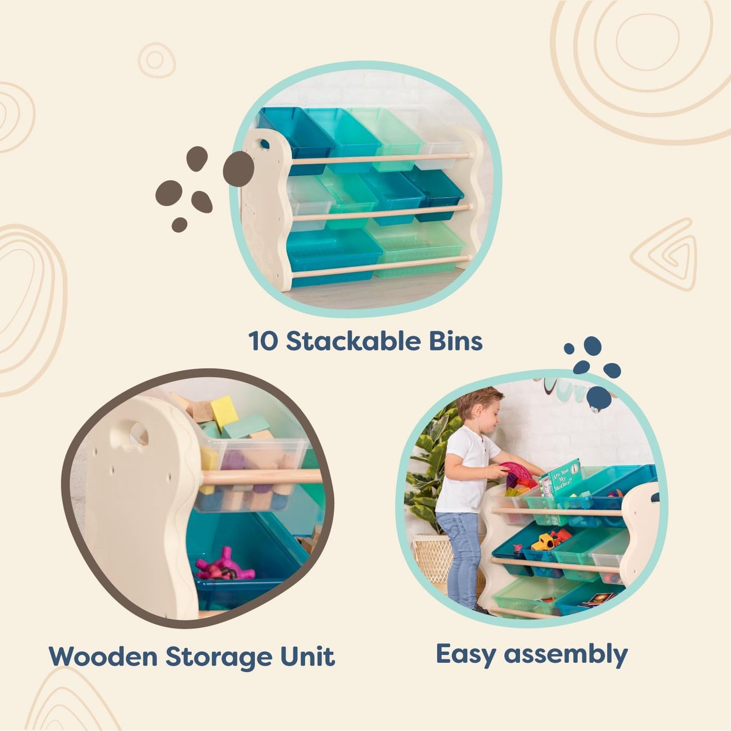 Age: Recommended for kids 3 years + B. spaces by Battat â€“ Totes Tidy Toy Organizer â€“ Kids Furniture Set Storage Unit with 10 Stackable Bins â€“ Ivory, Sea and Mint