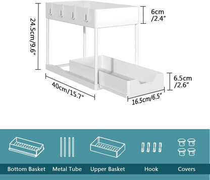 TAPIT Under Sink Organizers and Storage Pull Out Sliding Drawer, 2 Tier Multi-Purpose Kitchen Under The Sink Organizer with 4 Hooks Under Bathroom Sink Shelf Storage Rack for Countertop Laundry -White