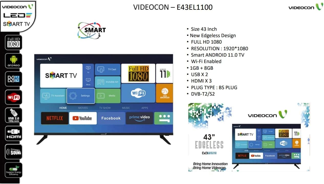 Videocon 43 Inch TV Full HD Smart Android 11 Google Play Netflix, YouTube, Shahid, Built, in Bluetooth, & WiFi, Black Color Model - E43EL1100-1 Year Full Warranty.