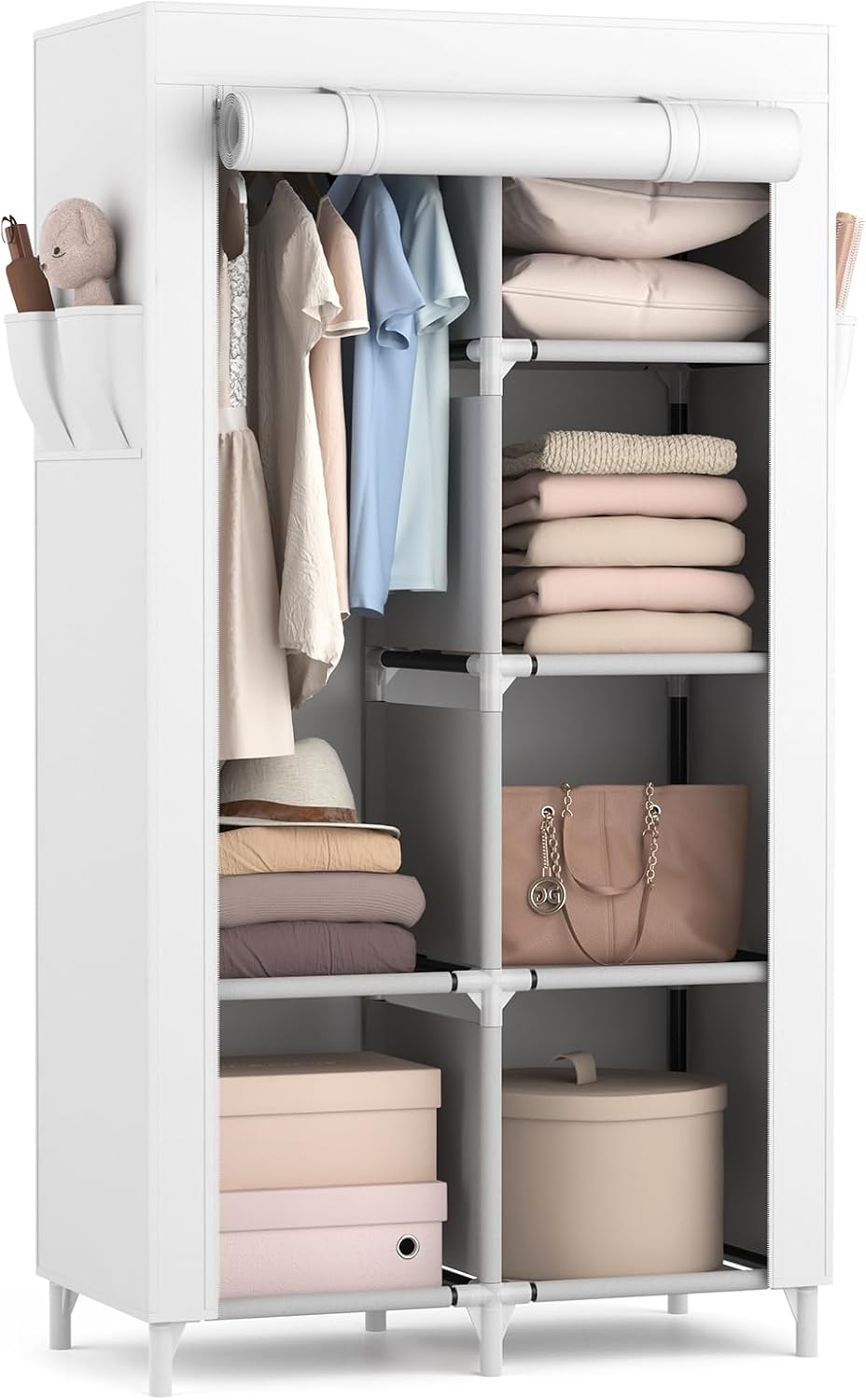 ROJASOP Portable Closet Wardrobe Closet for Hanging Clothes with 6 Storage Shelves, 1 Hanging Rod and 4 Pockets, Free Standing Closet Clothes Organizer for Bedroom, Sturdy and Easy Assemble